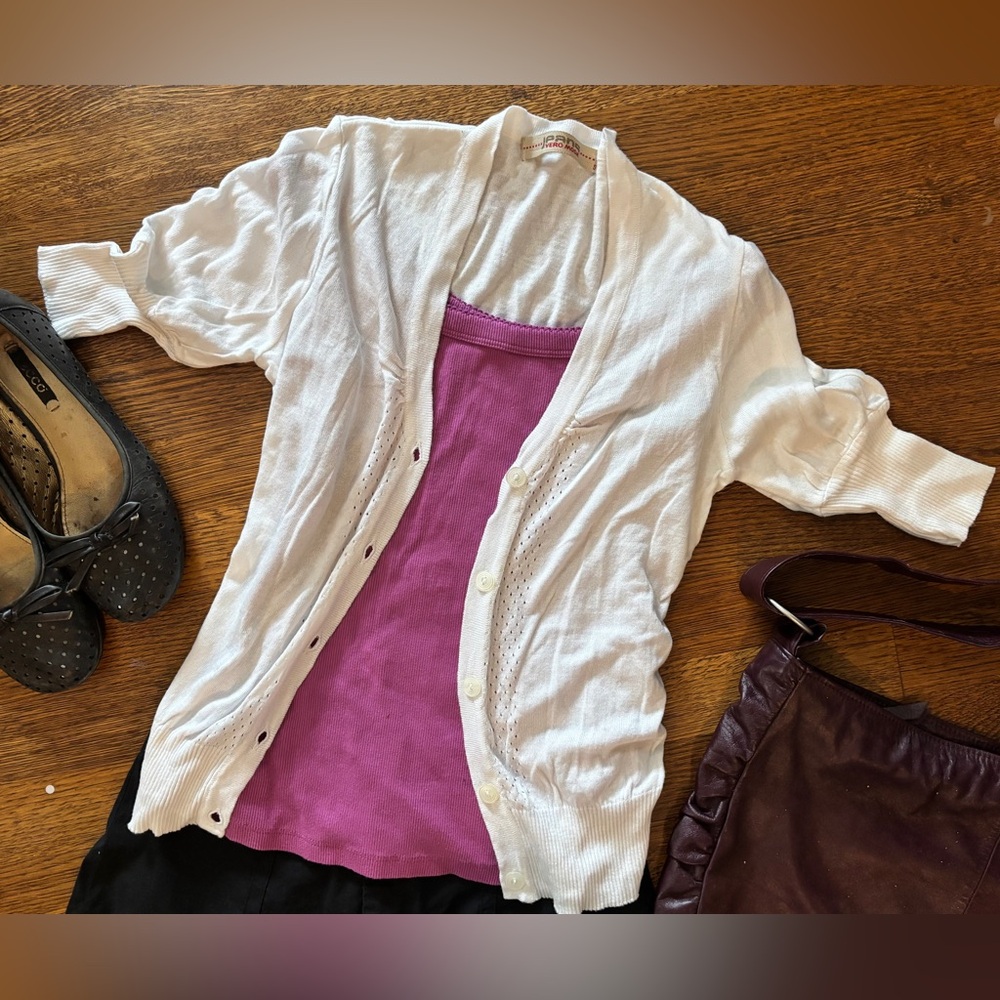 2/$20 EUC Vero Moda white short sleeve cardigan, size S, with pointelle detail